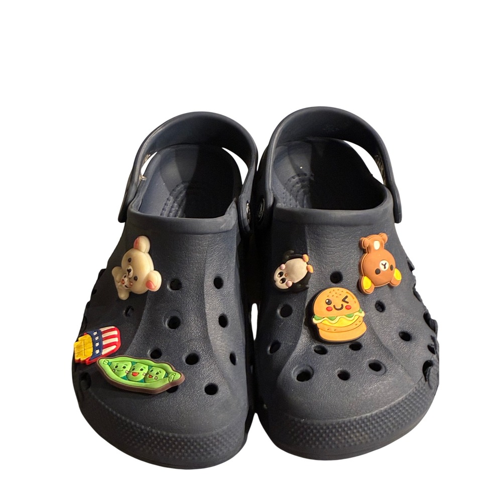 Crocs Kidsโ Classic Clogs Navy Blue with Jibbitz Charms Size J3 10190